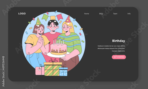 Birthday web or landing set. Friends gather to celebrate with a cake adorned with candles, presents, and party hats. Flat vector illustration.
