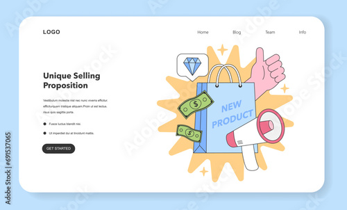Product Appeal web or landing. Illustration of value communication through thumbs-up, money symbols, and megaphone. Highlights product's unique qualities. Flat vector illustration.