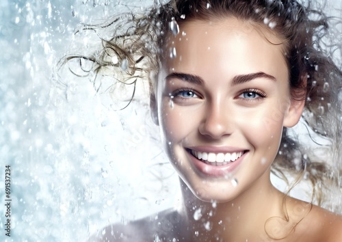Happy woman portrait with water splashes.