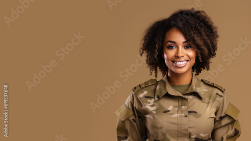 African woman in army uniform smiling isolated on pastel background