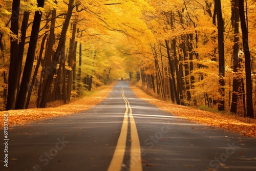 Autumn Forest With Long Road Passing By As Nature Photorealism