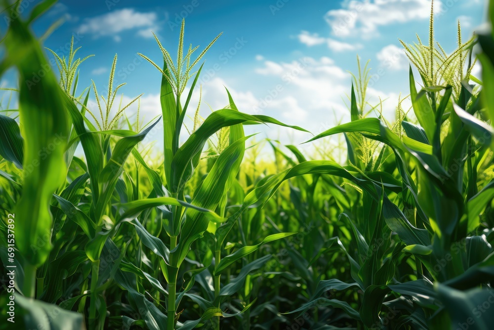 Cornfield Representing Earth Day And Greener World. Сoncept Sustainable Living, Earth-Friendly Practices, Renewable Energy, Eco-Conscious Lifestyle Cornfield Representing Earth Day And Greener World. Сoncept Sustainable Living, Earth-Friendly Practices, Renewable Energy, Eco-Conscious Lifestyle