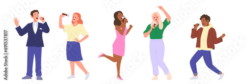 Happy overjoyed people cartoon characters singing karaoke dancing enjoying hobby recreation time