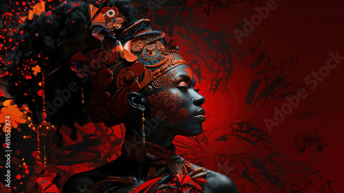 Beautiful black woman art portrait in red style. Afro beauty.
