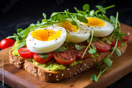 Set of breakfast sandwich bread with avocado, tomatoes, egg, radishes 