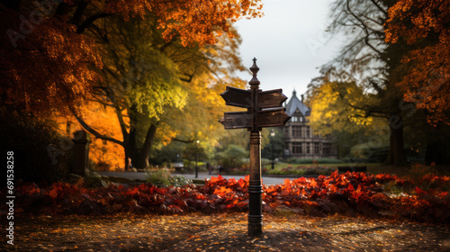 Crossroad signpost way, wooden arrow direction road signs in autumn park road.