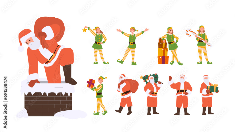 Christmas magic characters set with Santa Claus and elf helper assistant doing different activities Christmas magic characters set with Santa Claus and elf helper assistant doing different activities