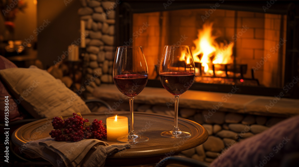 a cozy fireplace with two wine glasses and a plush blanket, setting the stage for a romantic evening in, captured in high definition for a warm and inviting feel