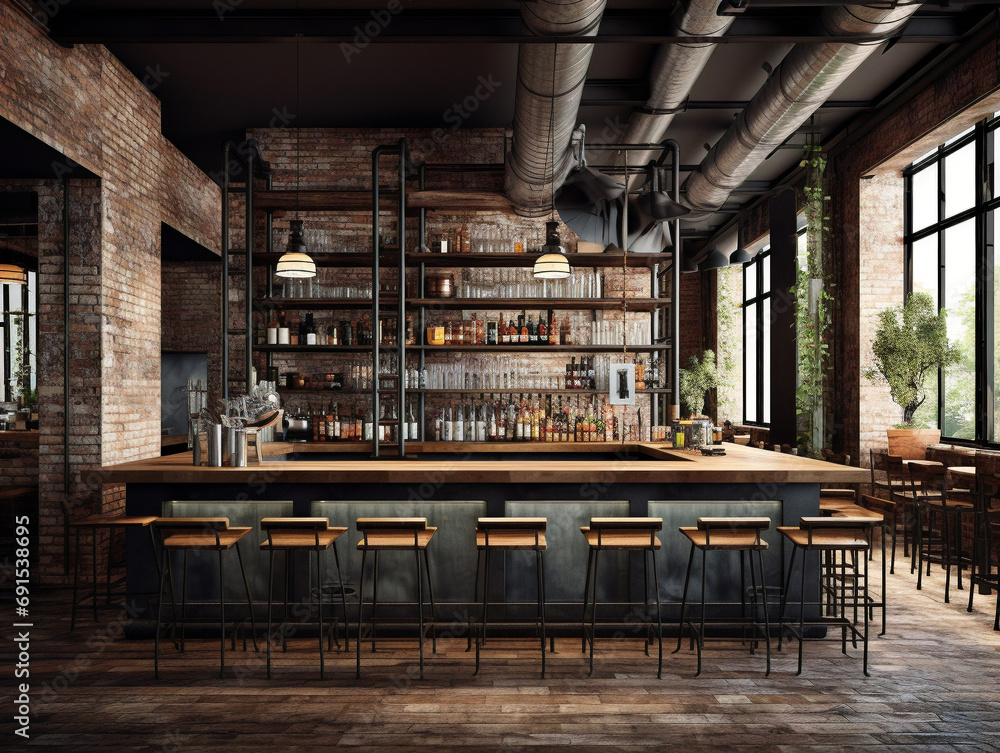 An industrial-style bar area with exposed brick walls and metal accents creating a rustic aesthetic. An industrial-style bar area with exposed brick walls and metal accents creating a rustic aesthetic.