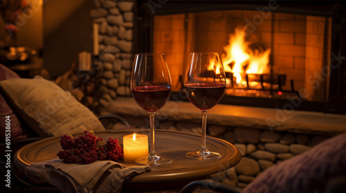 a cozy fireplace with two wine glasses and a plush blanket, setting the stage for a romantic evening in, captured in high definition for a warm and inviting feel