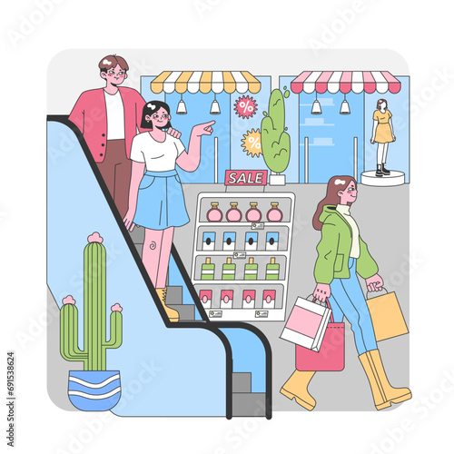 Vibrant Shopping Day Scene. Shoppers explore a lively market with stalls, while a woman confidently strides with her purchases. Sales, boutique stalls, and relaxed browsing. Flat vector illustration.