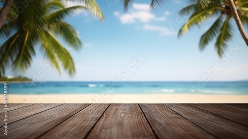 Dark wood floor top on blur tropical beach background, Advertisement, Print media, Illustration, Banner, for website, copy space, for word, template, presentation. © Space_Background
