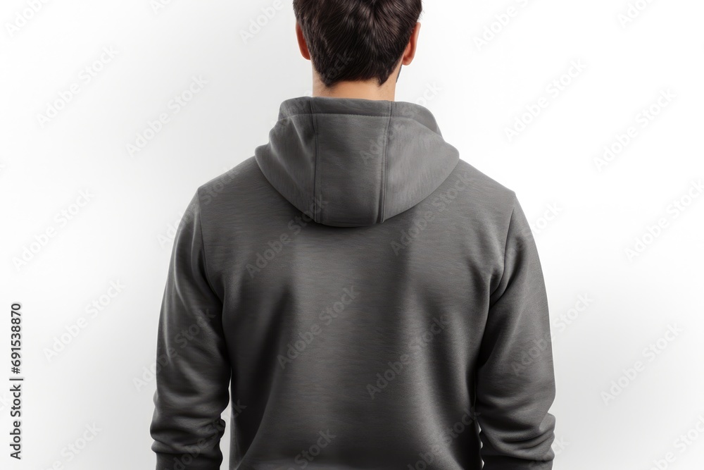 Man In Dark Gray Hoodie On White Background, Back View, Mockup Man In Dark Gray Hoodie On White Background, Back View, Mockup