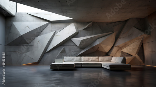 Concrete interior with abstract polygonal shapes with lines and angles in a unique and modern vision. Concrete texture in interior combining solidity with creative expression. photo