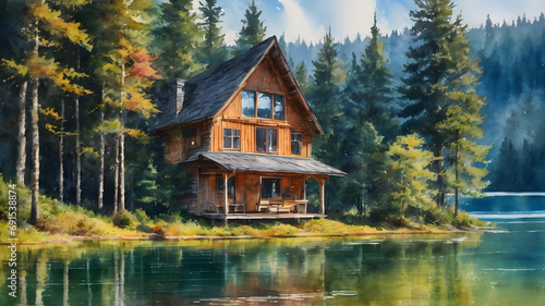 Watercolor illustration of a cabin by the lake. AI generated Watercolor illustration of a cabin by the lake. AI generated ​