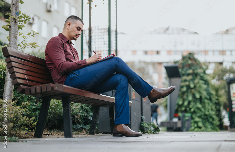 Successful, stylish businessman working on teamwork results, sales and profit statistics after working hours while sitting on a bench in the city. Successful, stylish businessman working on teamwork results, sales and profit statistics after working hours while sitting on a bench in the city.