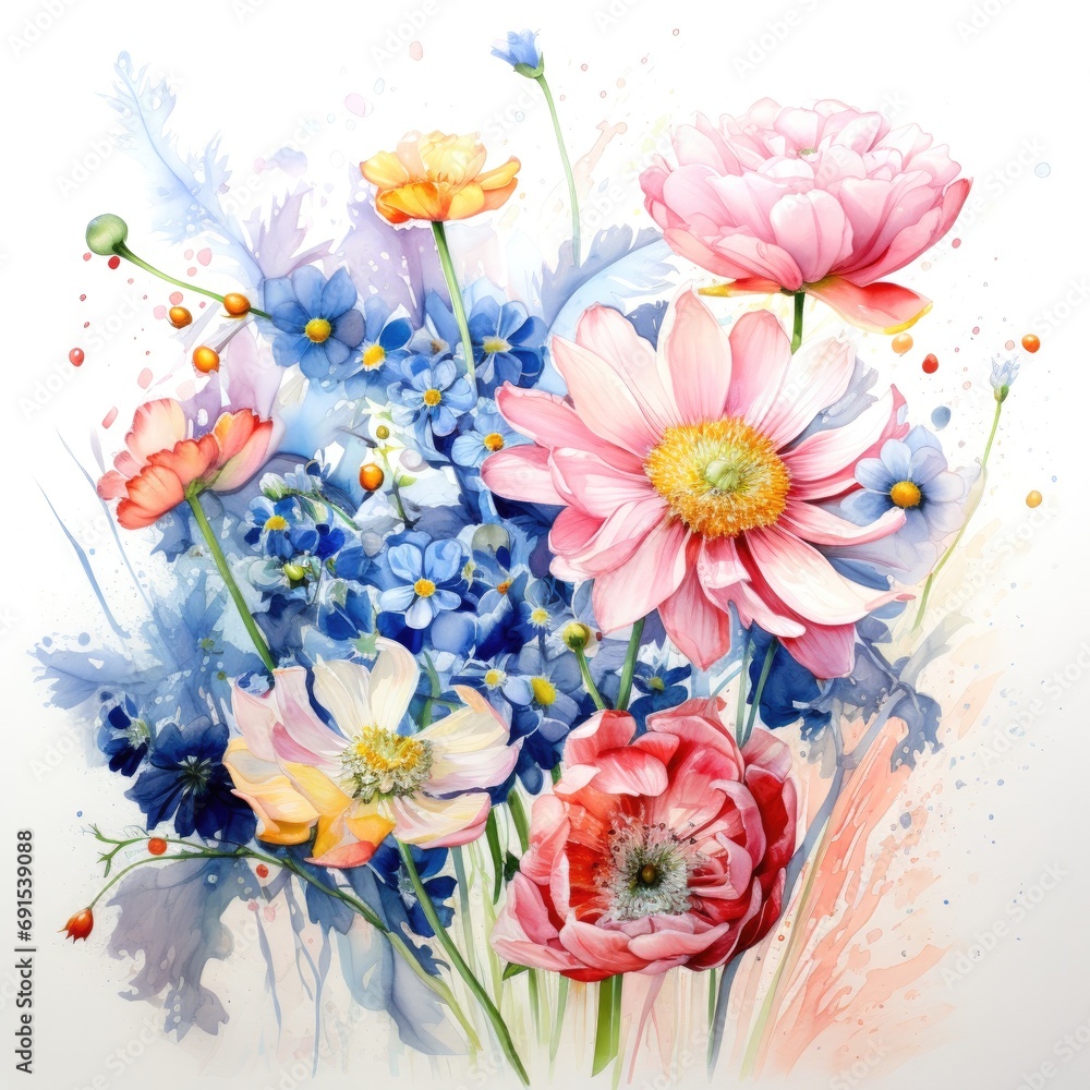 watercolor bouquet of flowers on white background