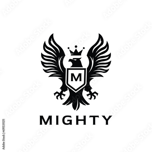 Eagle crest logo. Heraldic flying falcon bird icons. Royal hawk shield monogram brand design label. Vector illustration.