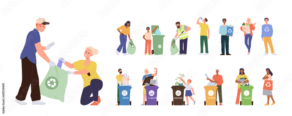 People cartoon characters gathering, sorting garbage for recycling putting waste in bin isolated set