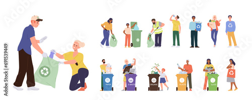 People cartoon characters gathering  sorting garbage for recycling putting waste in bin isolated set
