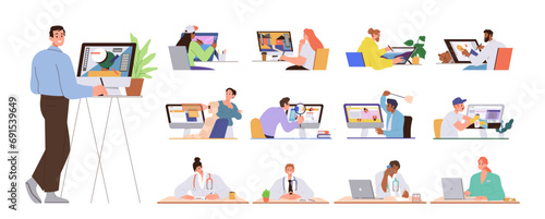 People cartoon characters of different profession and job occupation at workspace isolated set