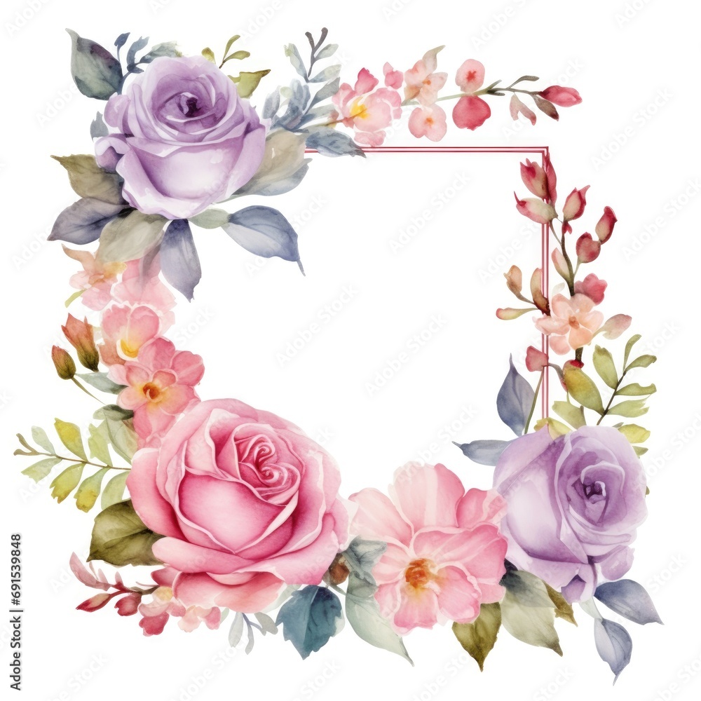 frame of watercolor rose flowers and leaves on white background.