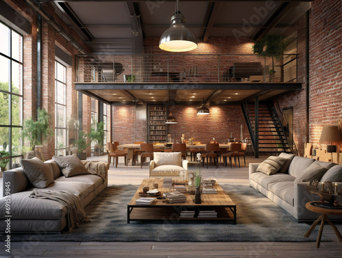 An urban loft with an industrial vibe, featuring exposed brick walls and a metal staircase.