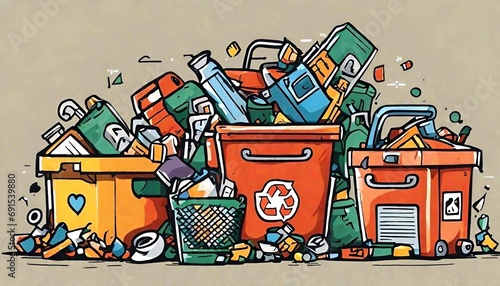 Stylized drawing with the image of various garbage, which is generated with the help of artificial intelligence