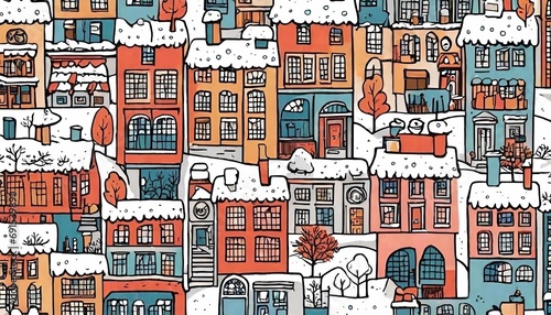 Winter pattern with multi-colored urban objects stylized as a drawing that was created with the help of artificial intelligence
