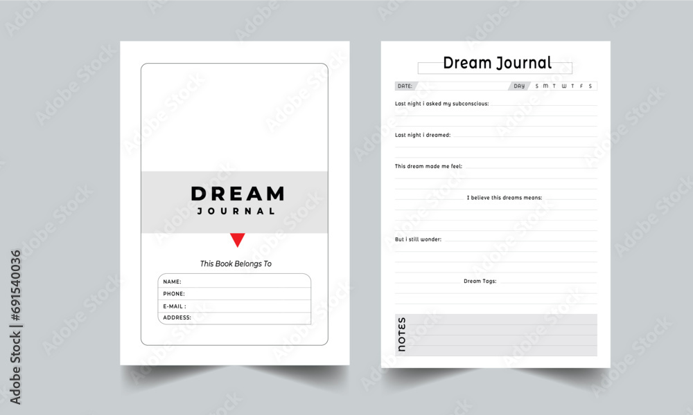 Dream Journal Planner Log Book with cover page layout design template