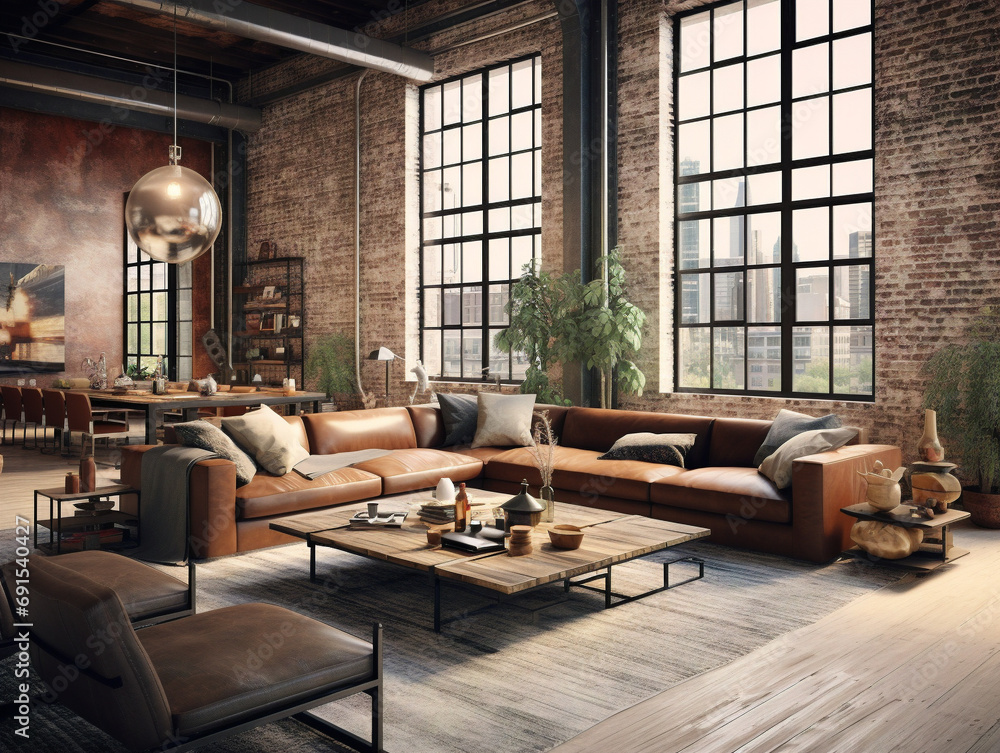 A stylish loft with industrial design featuring exposed brick walls and a modern aesthetic. A stylish loft with industrial design featuring exposed brick walls and a modern aesthetic.