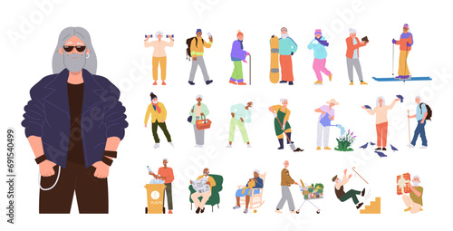 Elderly people cartoon characters everyday routine, daily activities, sport and hobby isolated set