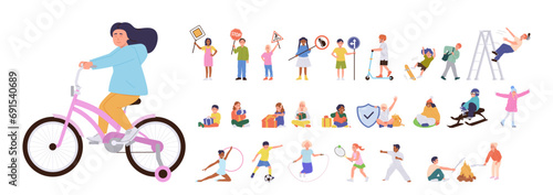 Big children set with boys girls doing sport, opening gifts, learning traffic rules having accident