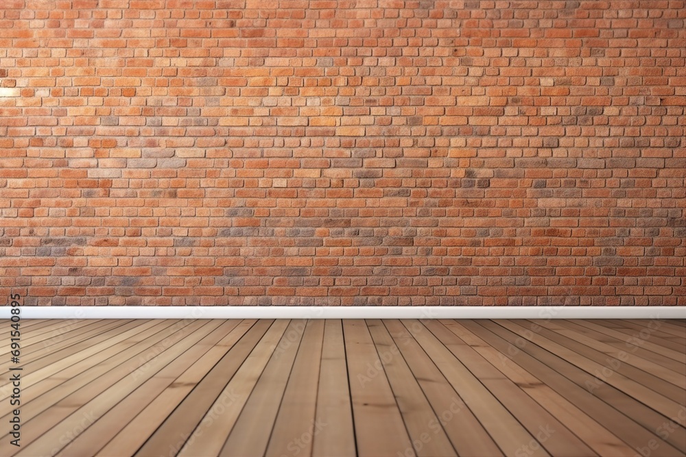 empty room with red brick wall and wooden floor. generative ai.