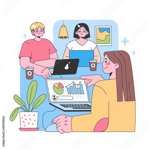 Collaborative workspace scene. Three colleagues discussing data visuals on a laptop, amidst a cozy blue setting with coffee and indoor plant. Ideas in modern office bloom. Flat vector illustration