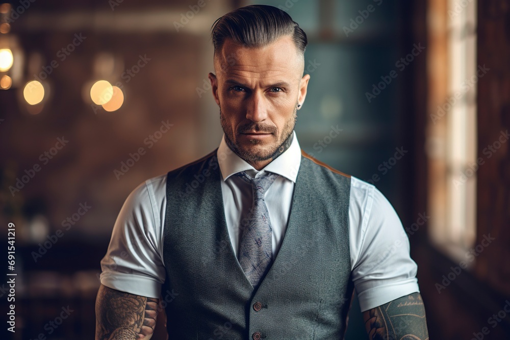 Combed man, rough but elegant looking, with tattoos, wearing a suit and staring.