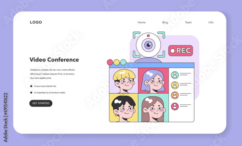 Vibrant digital meeting platform captures four cheerful participants; the camera records, ensuring every moment is saved. Engage in joyful online connections. Flat vector illustration.