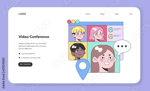 Diverse group of friends engages in an online chat platform, visualized with colorful avatars, profile details, and a message bubble. Location pin indicates a meetup. Flat vector illustration.