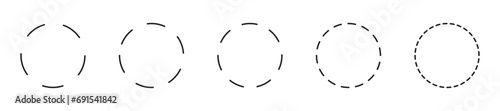Dashed circle flat icon. Broken rings. Dotted ring symbol. Simple dashed round lines. Abstract monochrome graphic elements. Round cut line. Vector template.