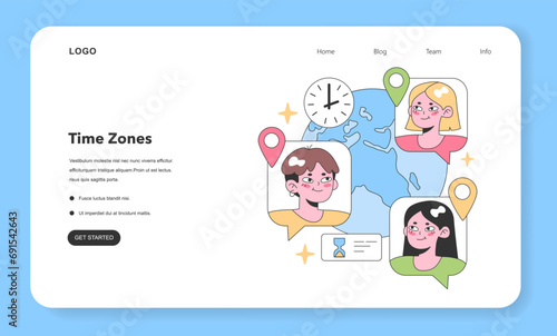 Global teammates interact across time zones, highlighted by map pins and clocks, showcasing worldwide virtual collaboration. Flat vector illustration, web or landing