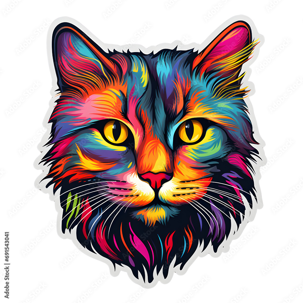 Colorful cat sticker with a rainbow head, in the style of digital art techniques.