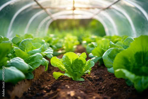 Lettuce plants leaves growing on a vegetable patch in a polytunnel