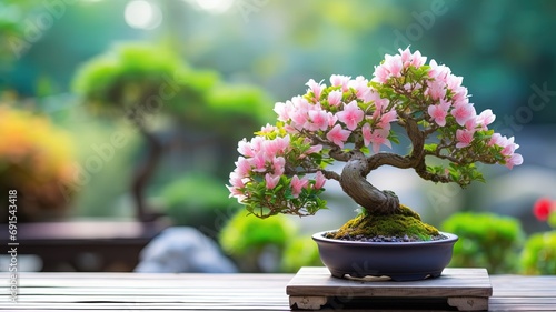 blossom bonsai tree in pot on table, Generative Ai 