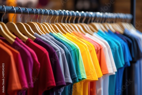 A collection colorful t-shirts on hang for sale in shop. 