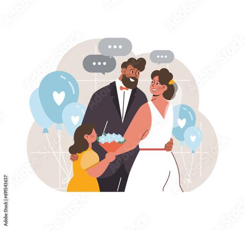Step-Child Love. A loving couple warmly embraces their step-daughter at a celebration, showcasing the special bond between stepparents and their children. Flat vector illustration. photo