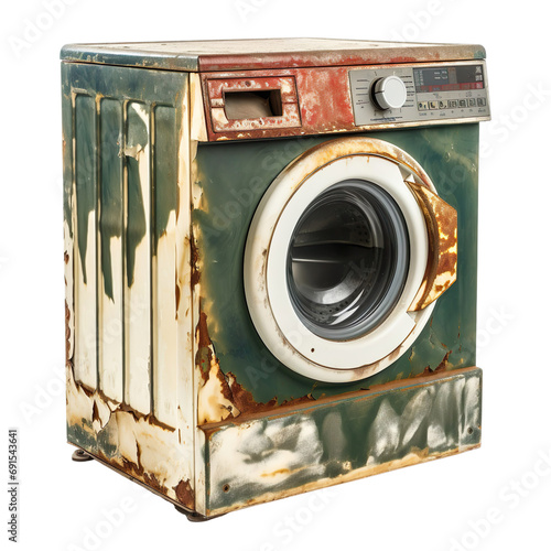 Damaged & Old Modern Washing Machine isolated on transparent background.
