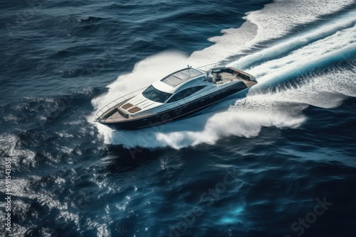 A luxurious motor boat is speeding across the blue sea