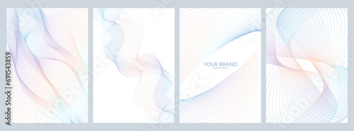 Contemporary cover design set. Luxury white background holographic line pattern (guilloche curves). Premium vector backdrop for Artificial  intelligence technology template, digital certificate, menu 