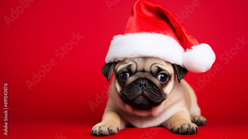 Cute happy pug dog wearing santa hat on red isolated background. © Victoria