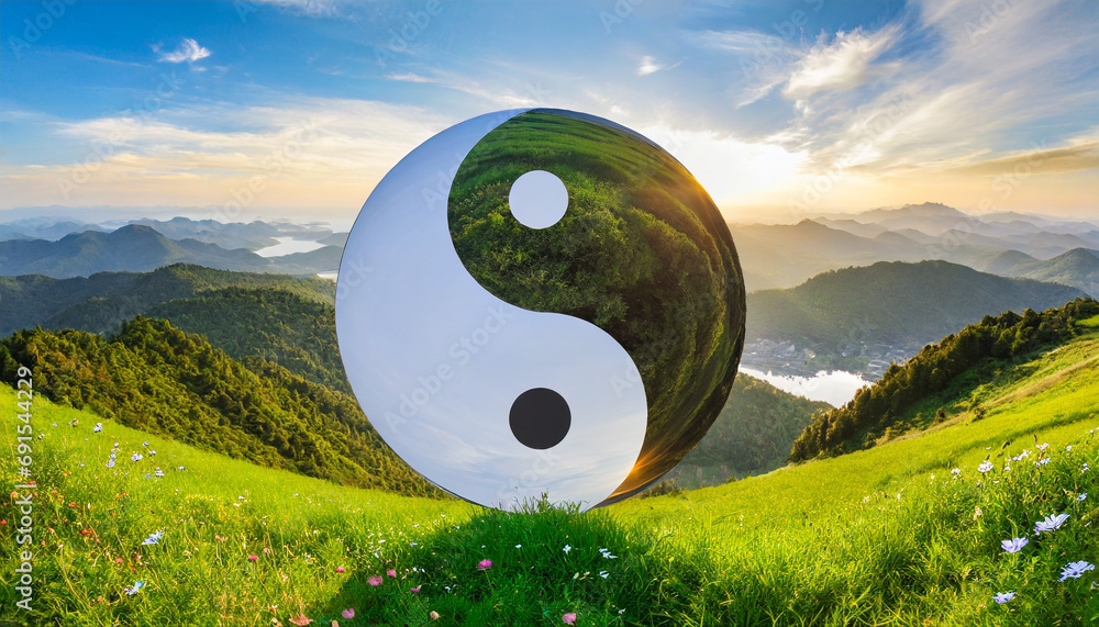 yin yang symbol representing balance and harmony in black and white - obrazy, fototapety, plakaty 